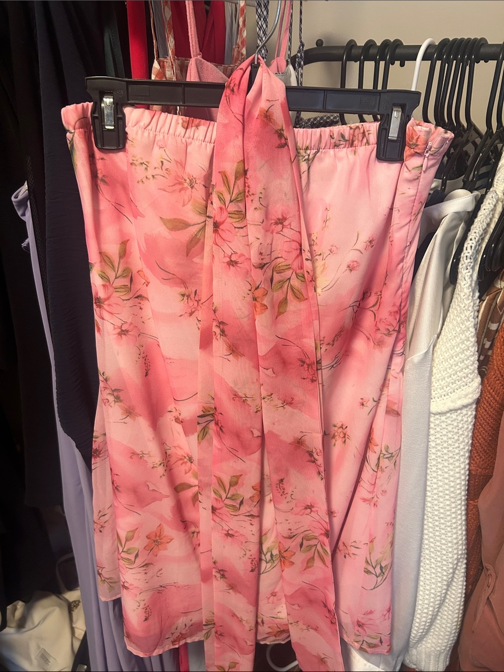 Pink Floral Midi Dress with Neck Scarf